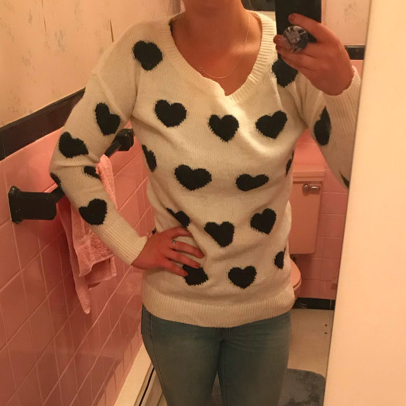 White Knit Sweater with Black Hearts - Picture 3 of 3